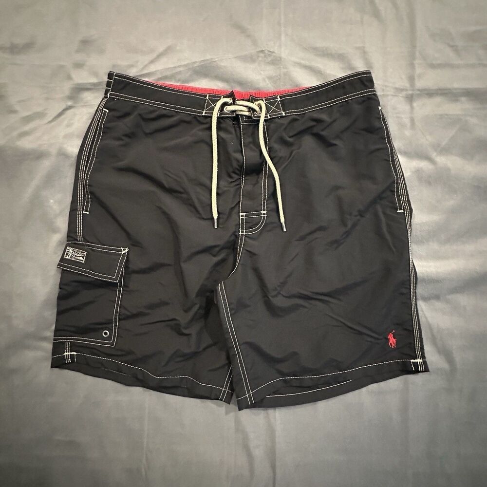 Polo Ralph Lauren Board Shorts Mens XL Black Swim Trunks Drawstring 100% Nylon